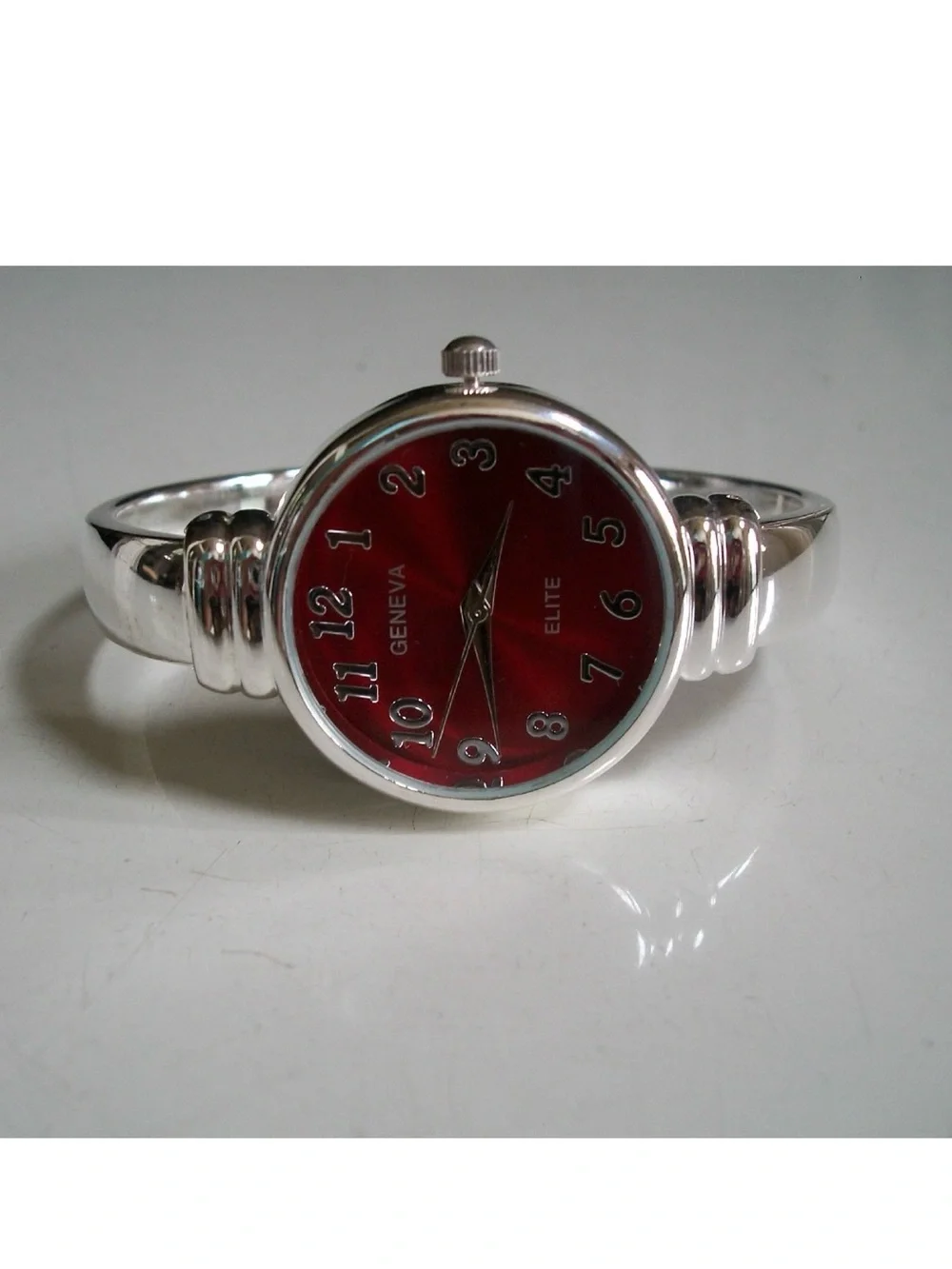 Geneva Silver Bangle Watch with Red Number Dial